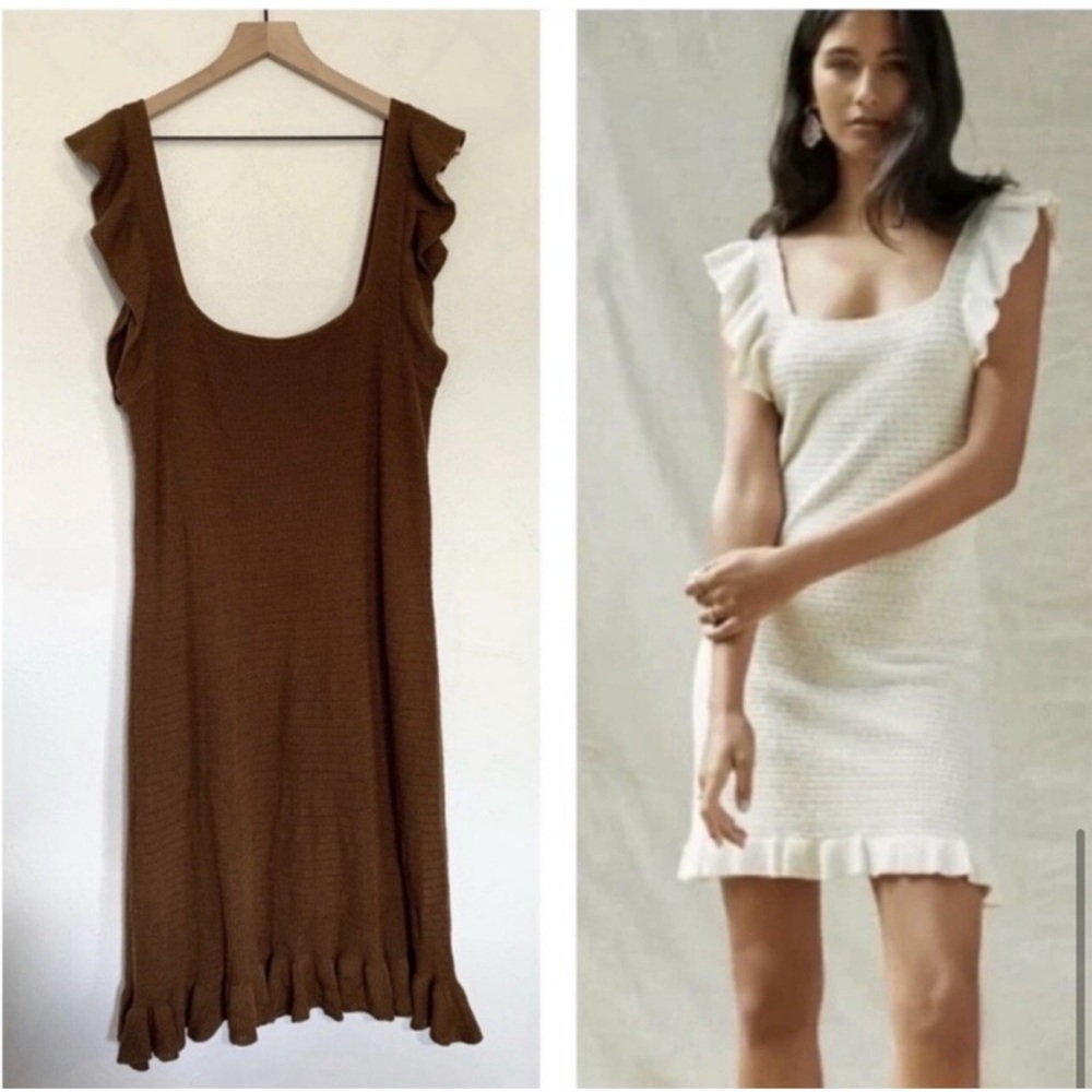 House of Harlow 1960 Brown
Crochet Ruffle hem Knit Dress Size L